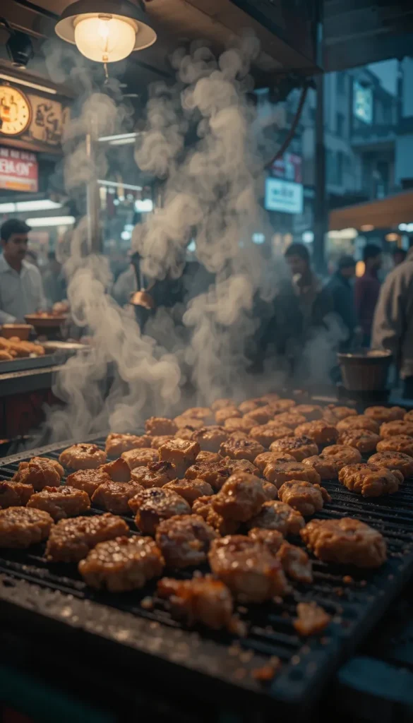 Steak nuggets sizzling on a hot grill at a street food market