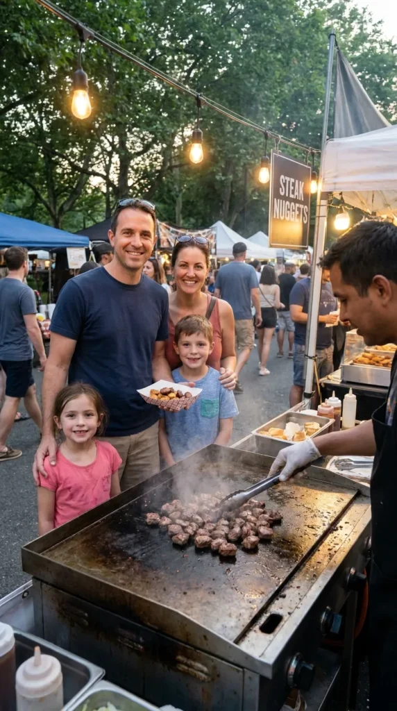 Steak nuggets sizzling on a hot grill at a street food market