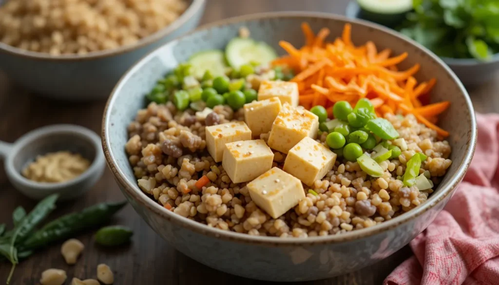 A kid-friendly ginger chicken bowl with jasmine rice, shredded chicken glazed in mild ginger sauce, steamed edamame, shredded carrots, and sesame seeds.