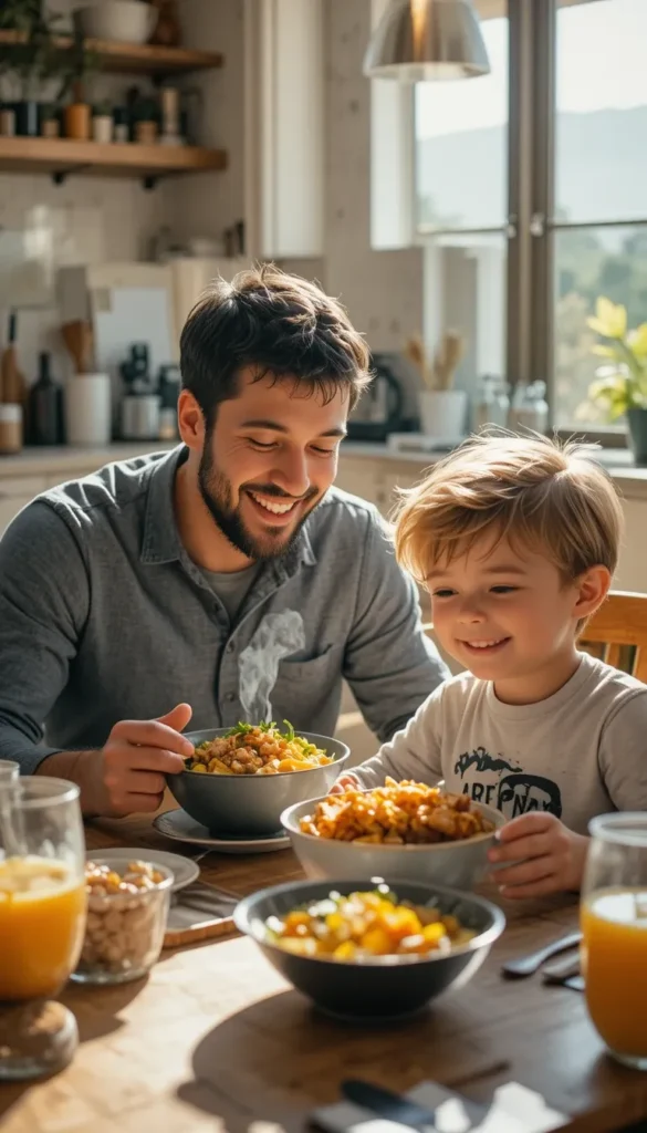 a dad and his son enjoying ginger chicken bowls at a sunny breakfast table