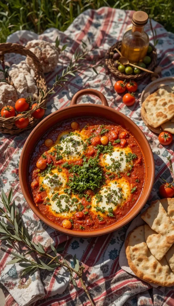 Healthy Shakshuka dish for kids with three poached eggs in a rich tomato sauce.