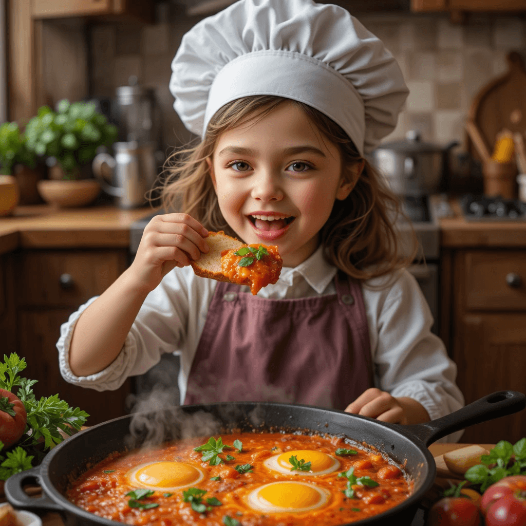 a little girl dressed as a chef, tasting a freshly made shakshuka from a cast-iron skillet.
