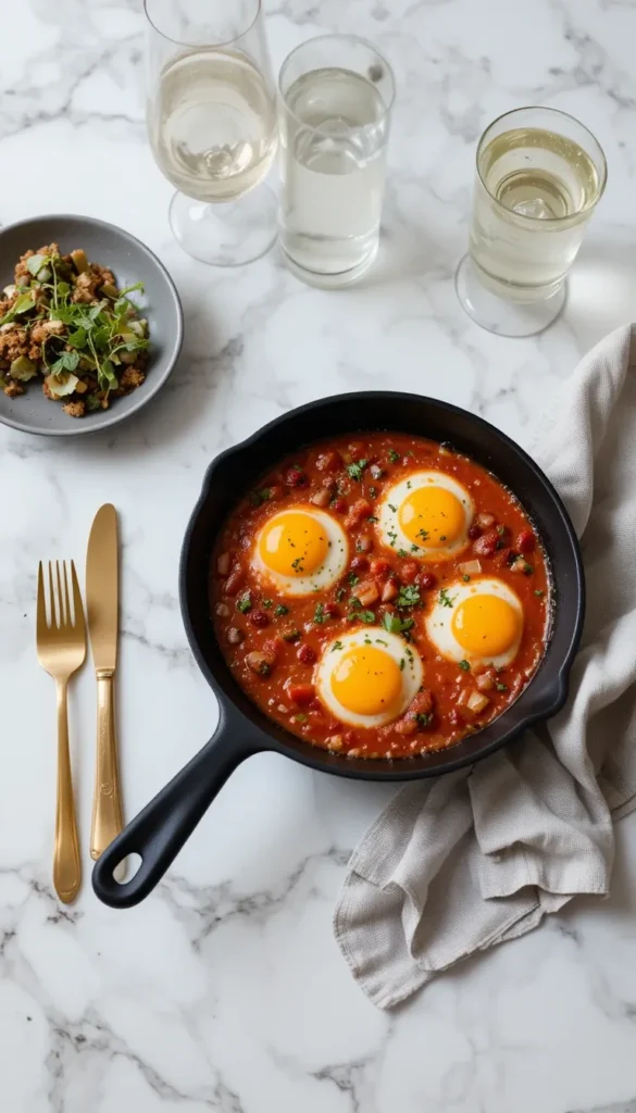 Healthy Shakshuka dish for kids with four poached eggs in a rich tomato sauce.