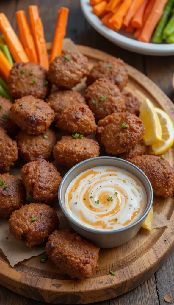 Crispy steak nuggets served on a rustic wooden platter, paired with a small dipping bowl of creamy BBQ ranch sauce.