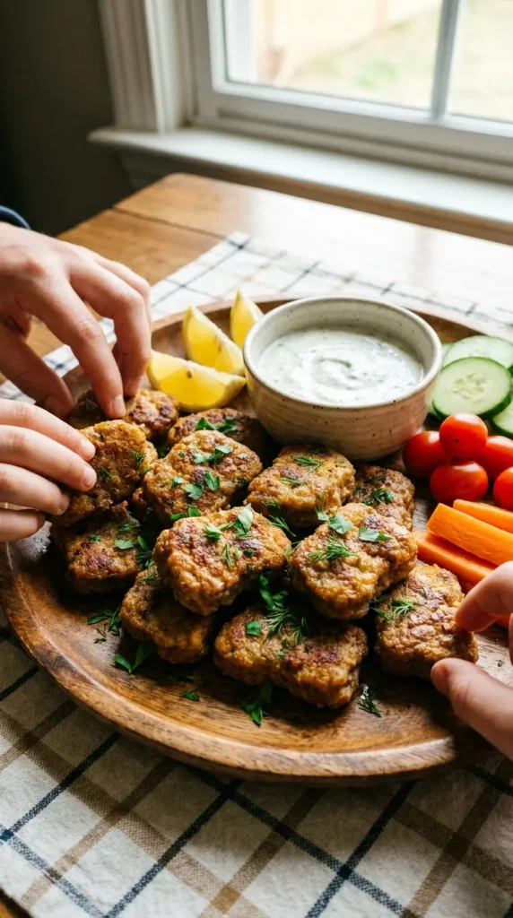 Golden-brown steak nuggets served on a rustic wooden plate, paired with a creamy garlic herb yogurt dip in a small bowl.