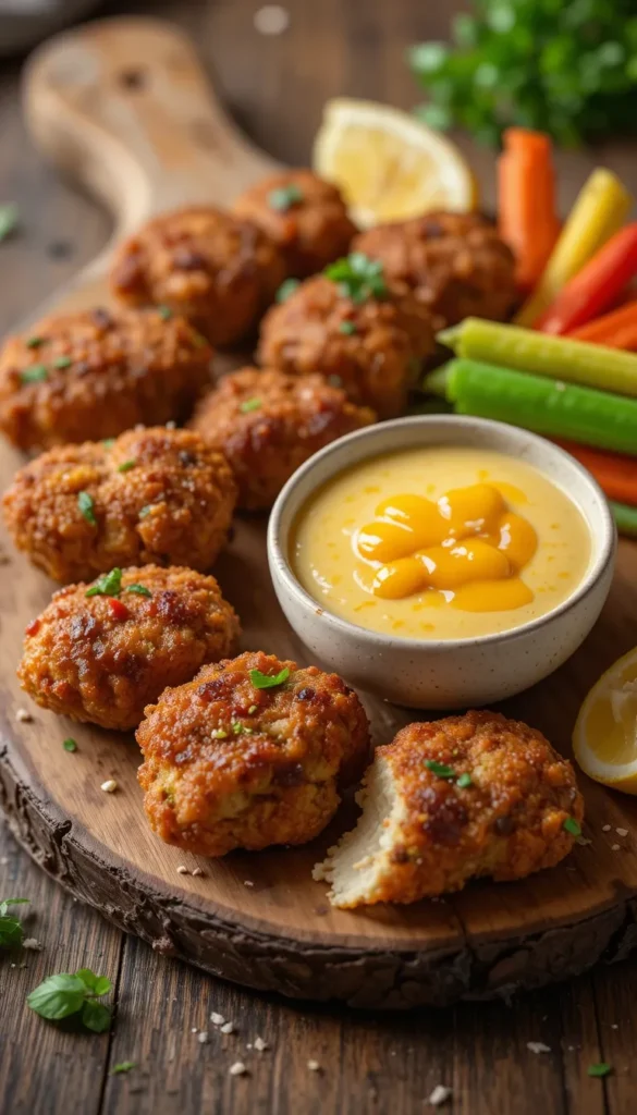Crispy golden steak nuggets arranged on a rustic wooden board, served with a small dipping bowl of creamy honey mustard sauce.
