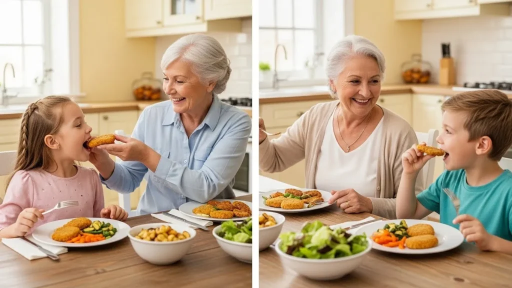 Steak nuggets- multigenerational family scene