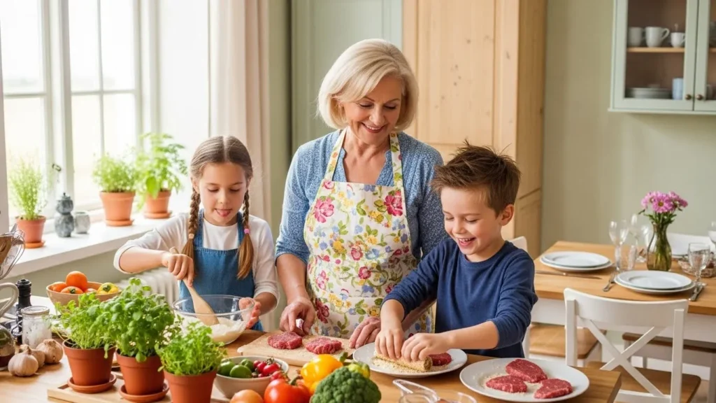 steak-nuggets : Multigenerational family in a bright home kitchen_ grandmother and two kids cooking together then sitting at the table eating golden crunchy steak-nuggets with side dishes, cheerful expressions, homey kitchen with herbs and fresh ingredients on countertop, natural daylight through window, slightly stylized but realistic, pastel warm tones, wholesome and joyful mood.