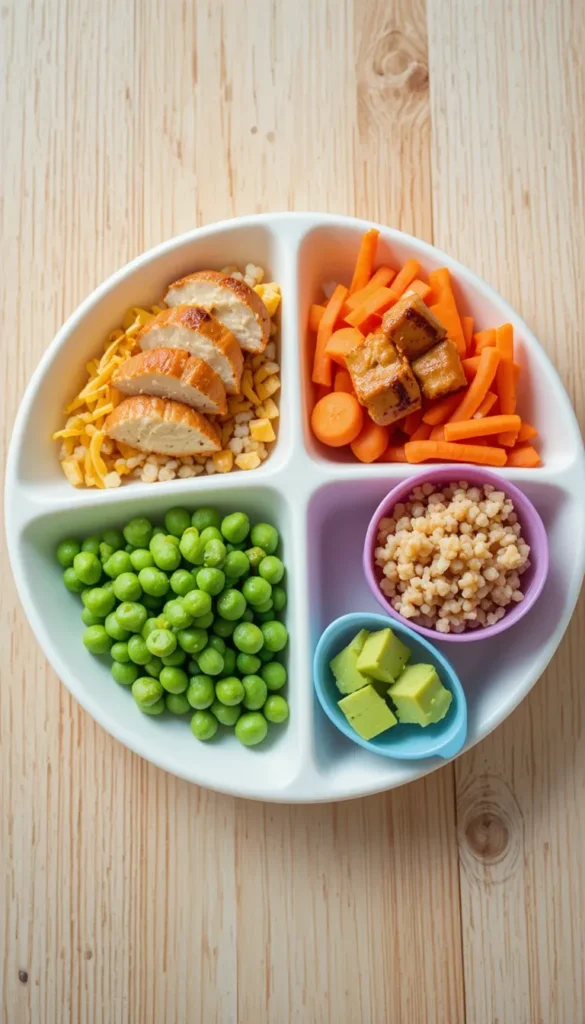 Zinc-rich recipes for kids featuring a close-up of a Build-Your-Own Chicken & Edamame Bowl on a wooden table, a nutrient-dense and high-protein meal.