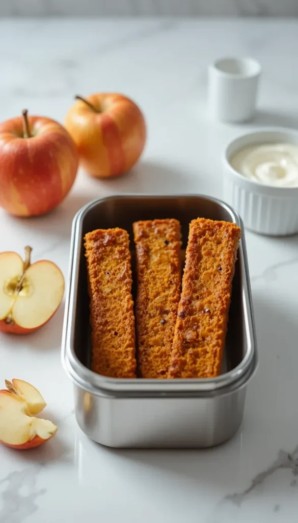  Pumpkin-French-toast-sticks :
Three mini pumpkin French toast sticks nestled upright in a stainless bento lunchbox next to fresh apple slices and a silicone cup of yogurt, crisp white marble countertop, bright natural daylight, clean bright styling, high-resolution food photography”
