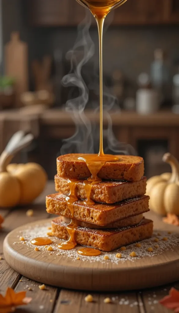 Pumpkin-French-toast : sticksDrizzle Action Shot
“Mid-action drizzle of warm maple syrup over a short stack of pumpkin French toast sticks on a light-wood board, syrup caught mid-stream, cozy kitchen 