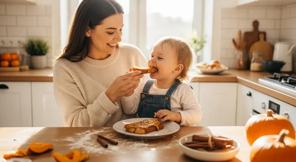 Mom & Kid Enjoying the pumpkin French toast stick Recipe

