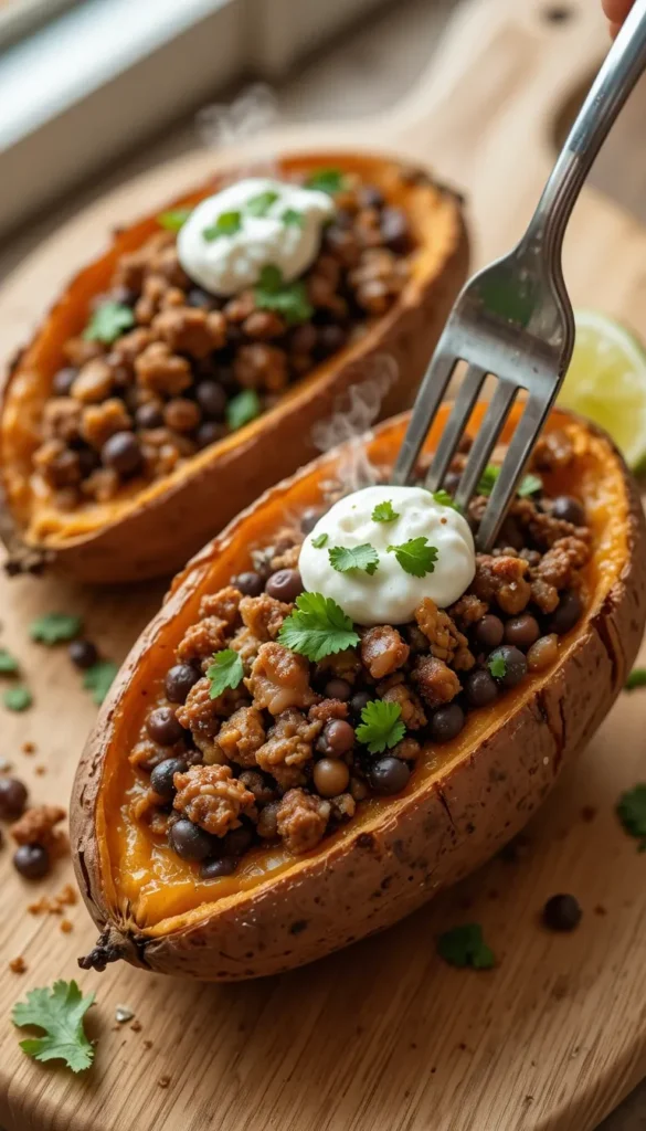 Zinc-rich recipes for kids featuring beef and black bean stuffed sweet potatoes, a nutrient-dense dinner high in zinc and antioxidants.