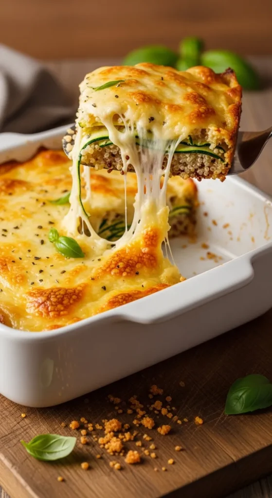 Zinc-rich recipes for kids featuring a close-up of a golden Cheesy Zucchini and Quinoa Bake, a nutrient-dense breakfast for kids high in zinc and choline.