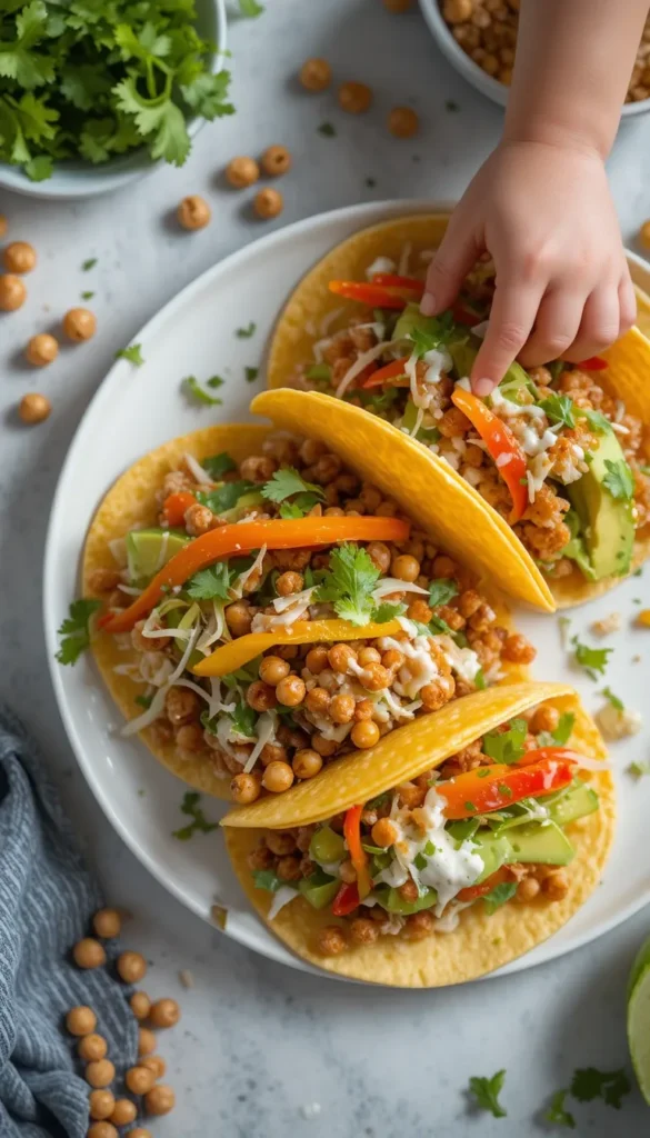 Zinc-rich recipes for kids featuring crispy chickpea and veggie tacos, a plant-based and nutrient-dense lunch high in zinc.