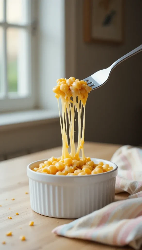 Close-up of cheesy mini mac shells on a toddler fork with cheese stretch – high protein mac and cheese for toddlers