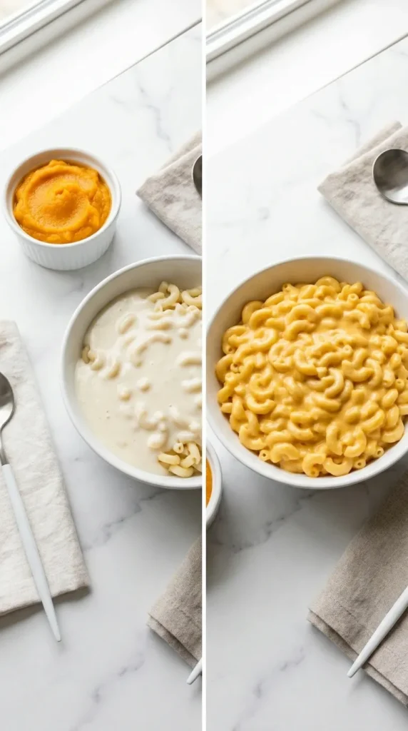Hidden veggie purée blended invisibly into high protein mac and cheese for toddlers — before and after butternut squash mix-in