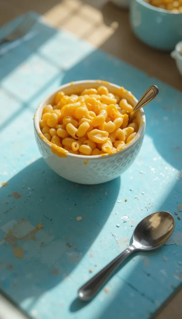 Small ceramic bowl of glossy high protein mac and cheese for toddlers on a pastel blue placemat – 4-minute breakfast
