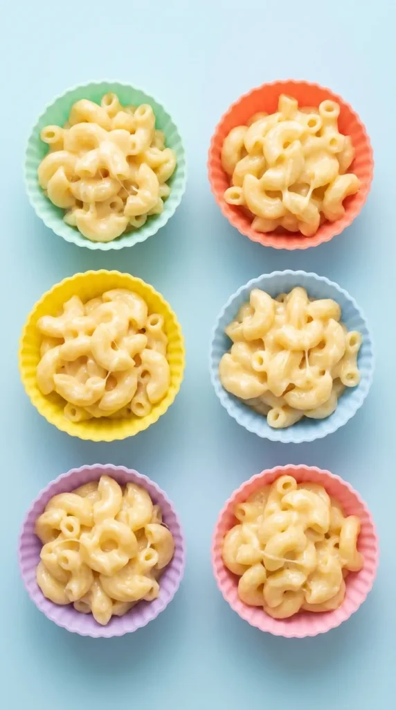 High protein mac and cheese for toddlers portioned in silicone muffin cups – perfect toddler breakfast serving size