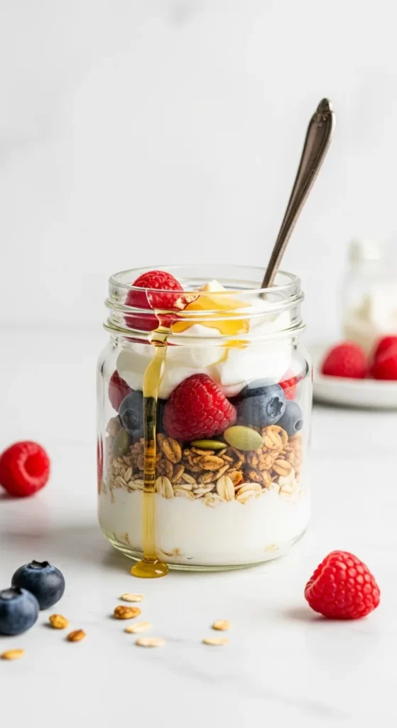 Zinc-rich recipes for kids featuring a healthy yogurt parfait with granola and berries, a quick and nutrient-dense breakfast high in zinc.
