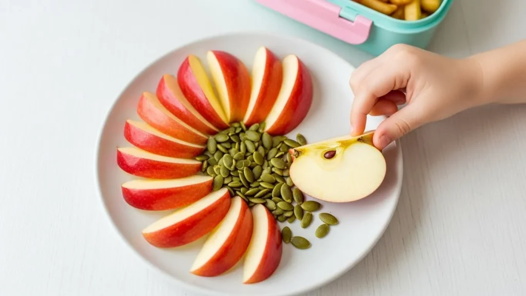 Pumpkin Seeds and Apple Slices_glossy red apple slices fanned in a half-moon, roasted pumpkin seeds scattered like little golden gems
