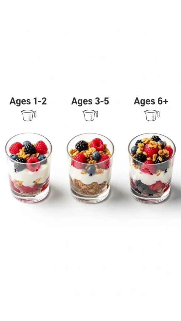 Brain-boosting yogurt parfait with mixed berries and granola shown in portions for ages 1-2, 3-5, and 6+