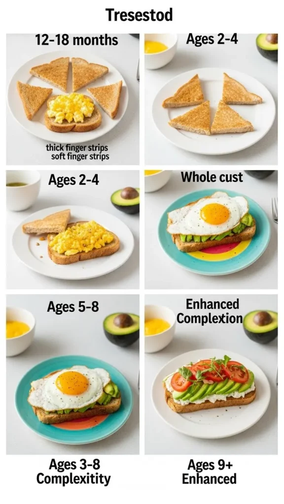 nutritious breakfast for kids brain_educational progression showing avocado toast with egg presented for different age gro