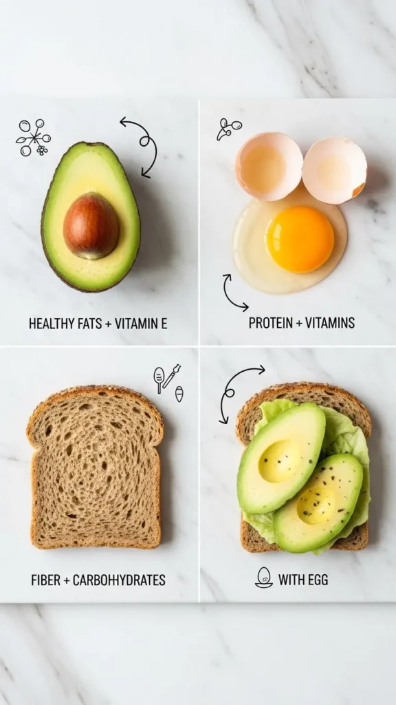 nutritious breakfast kids brain_avocado halved with label "Healthy Fats + Vitamin E", top-right shows cracked egg with yolk with label "Protein + Vitamins", bottom-left shows whole grain bread slice with label "Fiber + Carbohydrates", bottom-right shows the complete assembled avocado toast with egg
