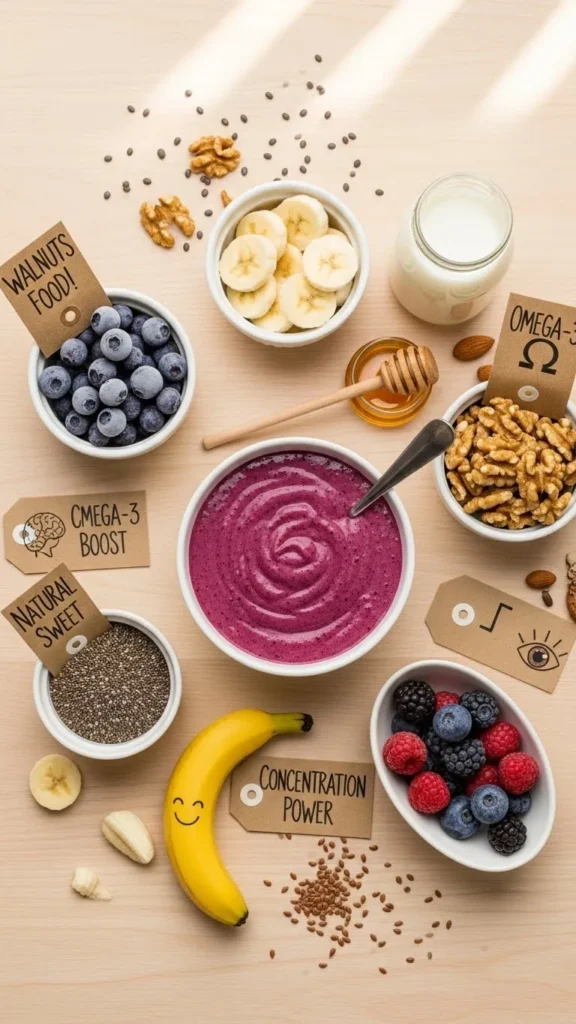 Omega-3 smoothie bowl_
ingredients featuring fresh blueberries, banana slices, heart-healthy walnuts, a jar of milk, and organic honey on a light wooden table.