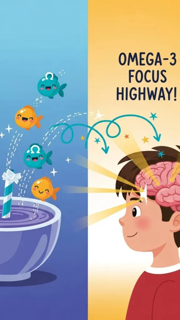Educational illustration of an Omega-3 smoothie bowl showing cartoon fish carrying nutrients to a child's brain, titled Brain Highway