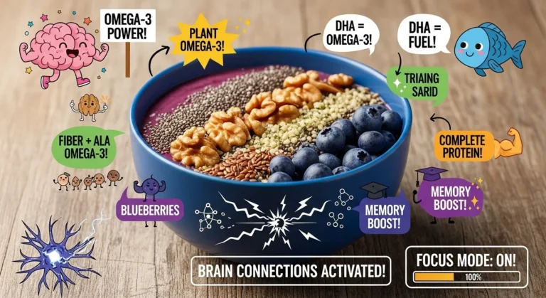 Omega-3 smoothie bowl with walnuts, chia seeds, blueberries and hemp hearts for brain development in kids, featuring educational nutrient callouts and cute brain mascot characters
