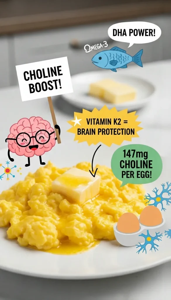 Nutritional benefits of eggs for toddlers infographic showing 147mg of Choline per egg, Omega-3 DHA for focus, and Vitamin K2 for brain protection and development.