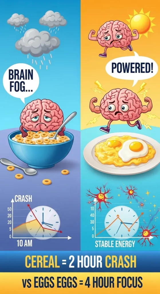 scrambled eggs for toddlers : Comparative infographic for toddlers' breakfast showing how sugary cereal leads to a brain fog crash while high-protein eggs for toddlers provide 4 hours of stable energy and focus.