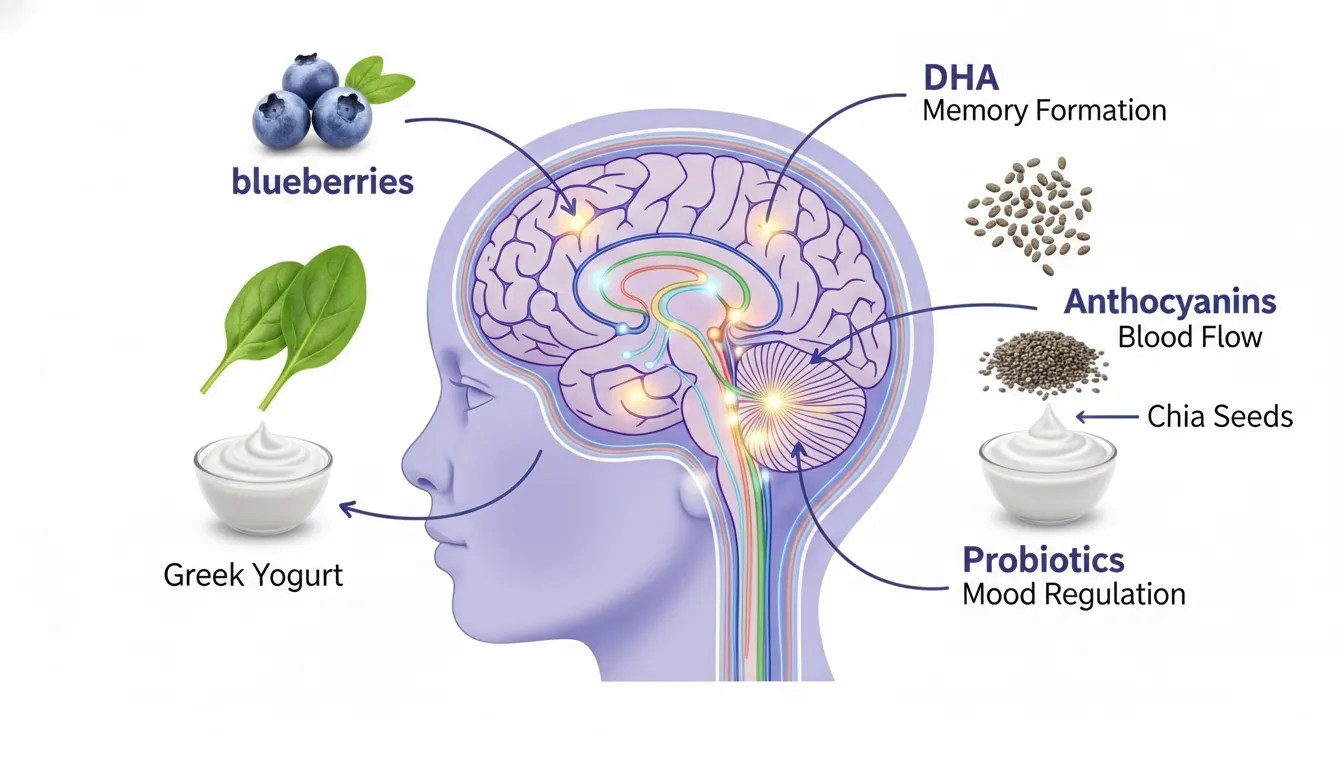 brain boosting smoothie : Scientific illustration showing how smoothie ingredients support different brain regions and cognitive functions in children