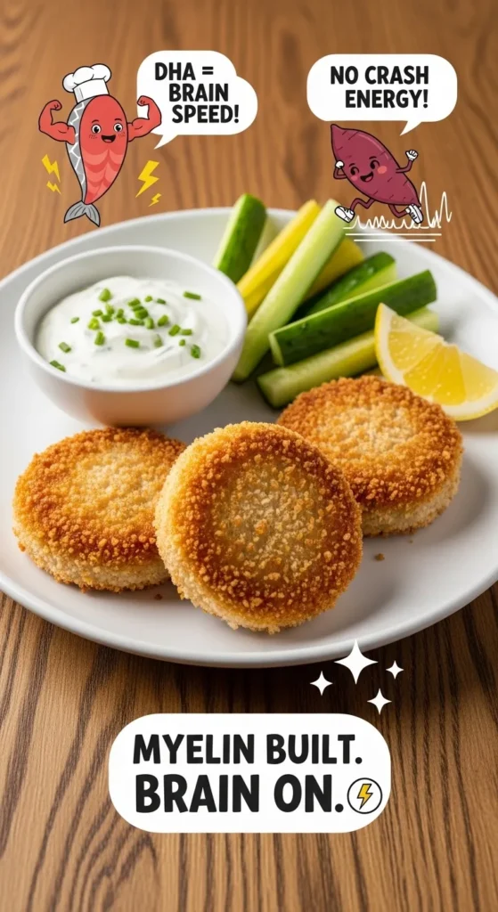 foods to help kids focus — salmon fishcakes 
with crispy crust, yogurt dip, cucumber and lemon