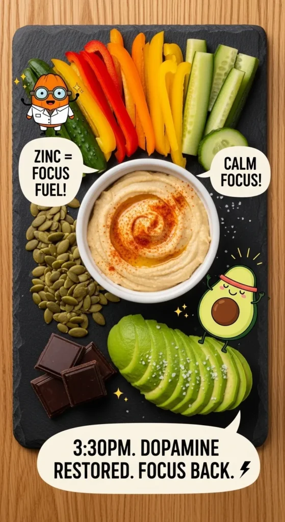 foods to help kids focus — zinc power snack board 
with hummus, rainbow peppers, avocado, pumpkin seeds 
and dark chocolate