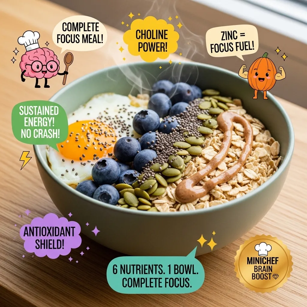 foods to help kids focus — brain-boosting oatmeal bowl 
with eggs, blueberries, pumpkin seeds and chia seeds