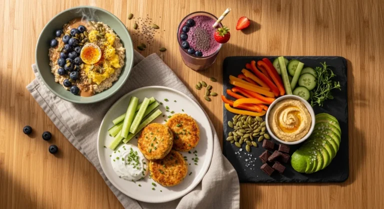 Four brain-boosting focus recipes for kids — oatmeal focus bowl, berry blast smoothie, salmon fishcakes, and zinc power snack board