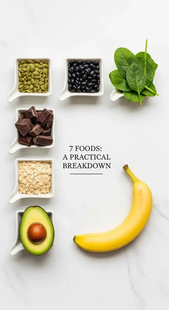 List of 7 magnesium rich foods for kids brain health chart: pumpkin seeds, black beans, spinach, dark chocolate, oats, avocado, and banana