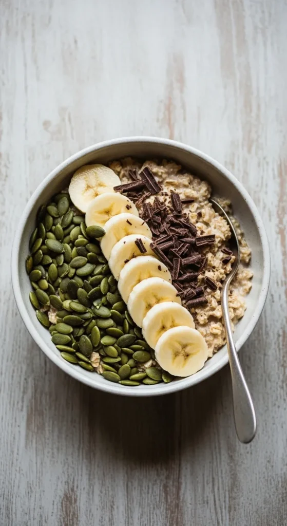Magnesium rich foods bowl for kids: a brain snack with pumpkin seeds and chocolate