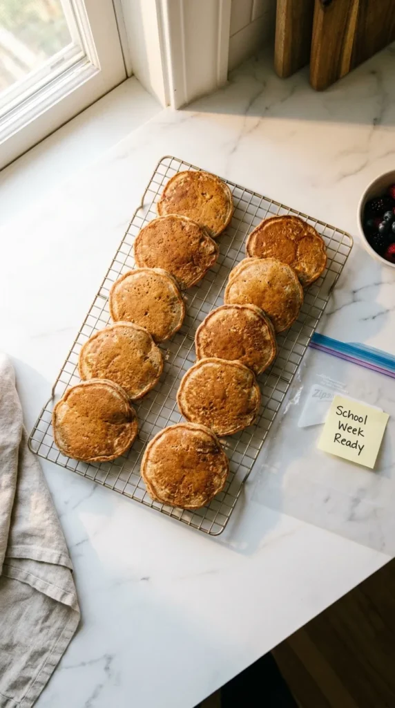 Whole wheat high protein pancakes for kids cooling on wire rack — Sunday batch prep for school mornings