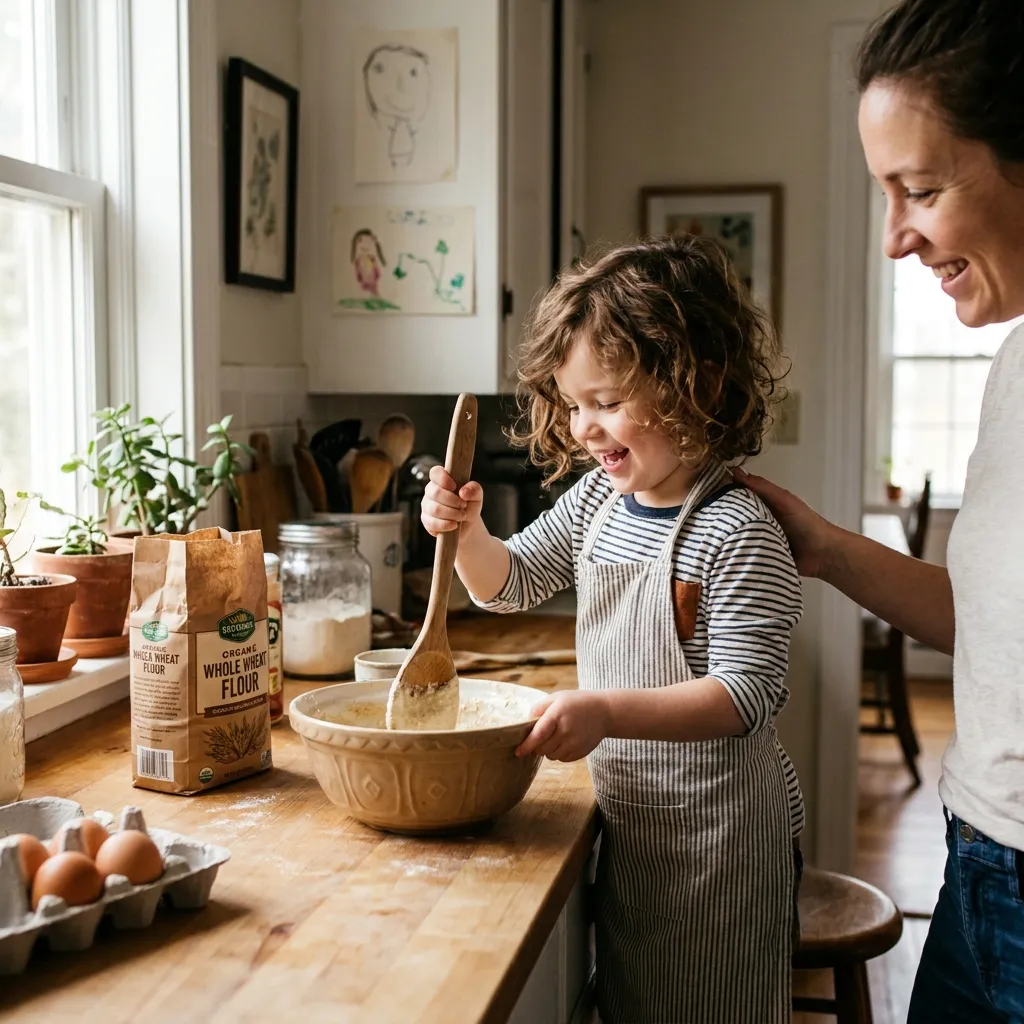 Child stirring whole wheat pancake batter — kids who cook eat more, high protein pancakes for kids