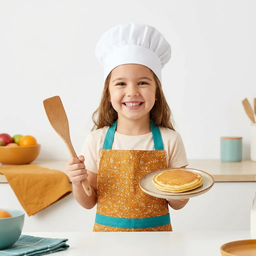 Young girl holding a spatula ready to flip high protein pancakes for kids on the griddle
