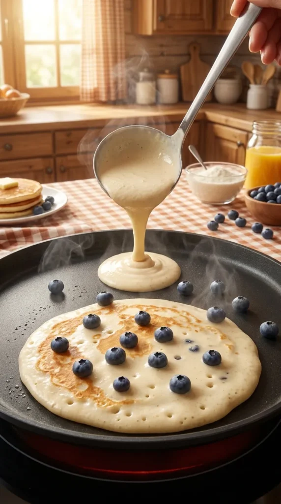 Pancake batter with blueberries poured onto a hot griddle — high protein pancakes for kids cooking step