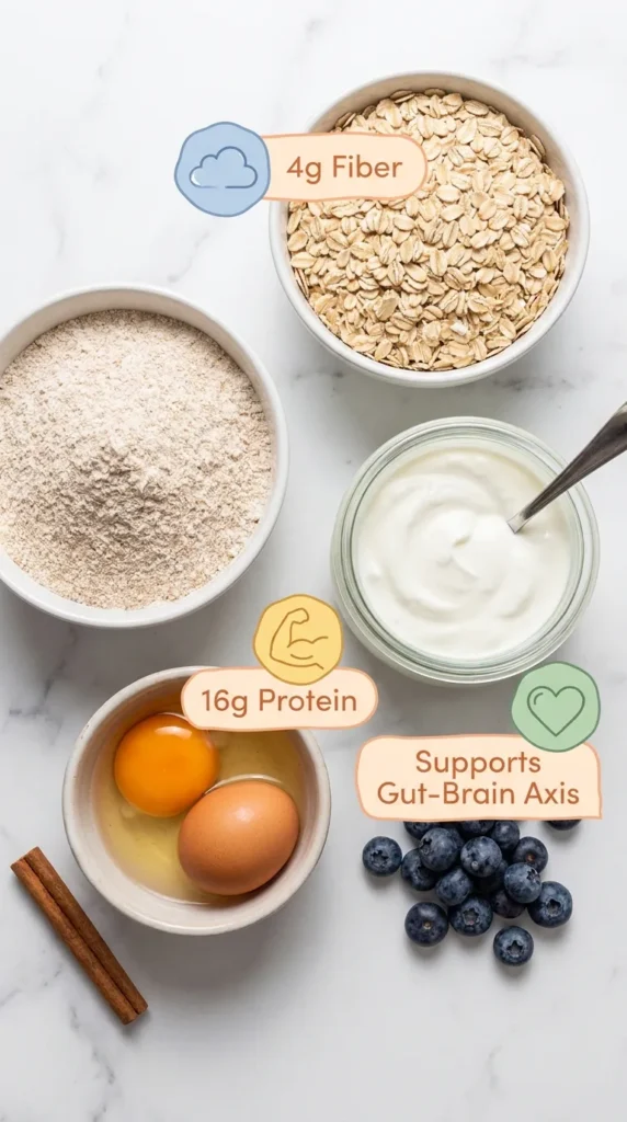Whole wheat flour, oat flour, Greek yogurt and eggs on marble — ingredients for high protein pancakes for kids