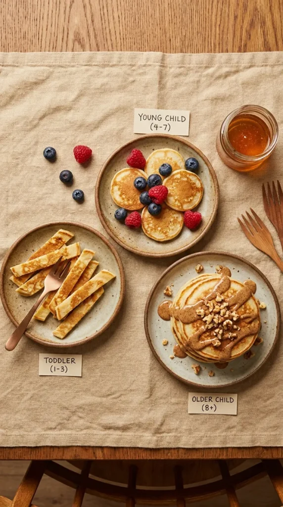 High protein pancakes for kids served in different formats by age — finger strips for toddlers to full stack for tweens