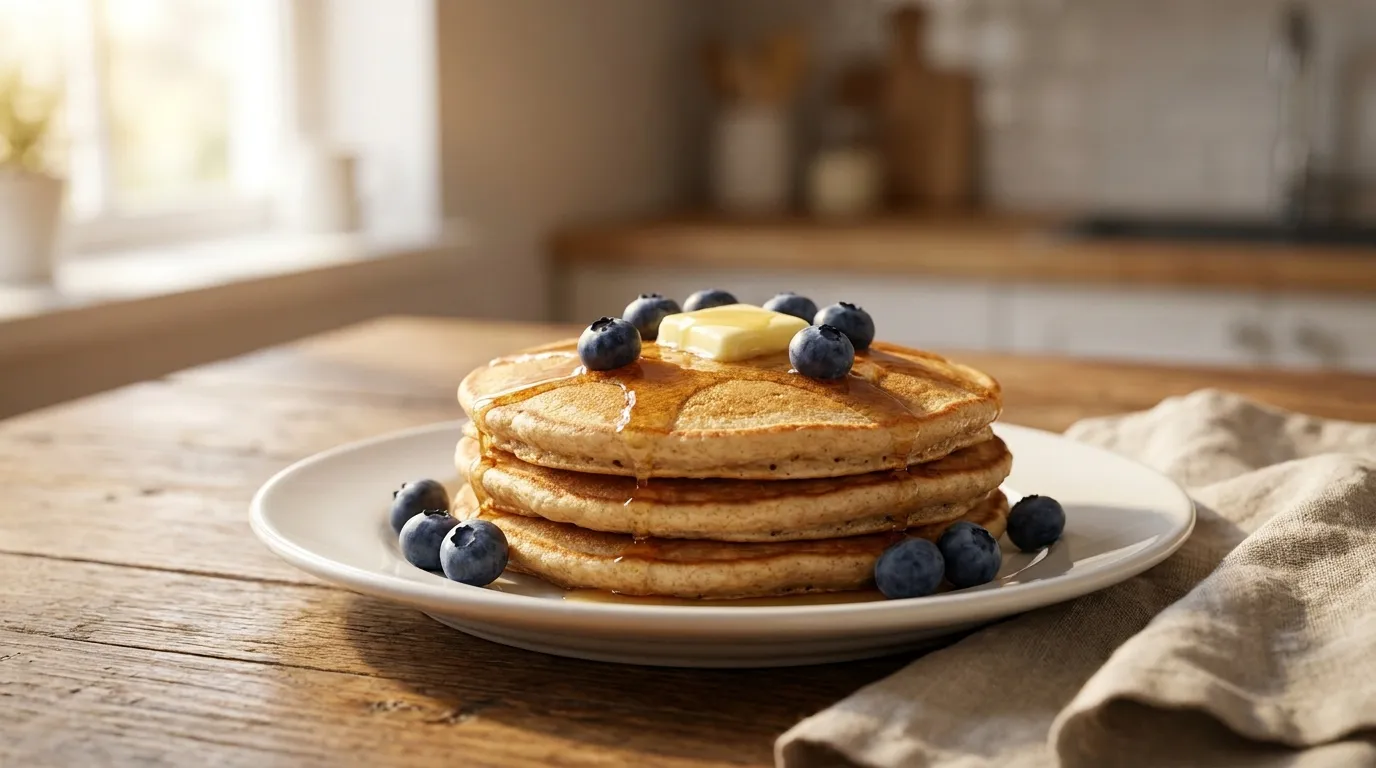High protein pancakes for kids with blueberries and maple syrup — whole wheat brain-boosting breakfast ready in 20 minutes